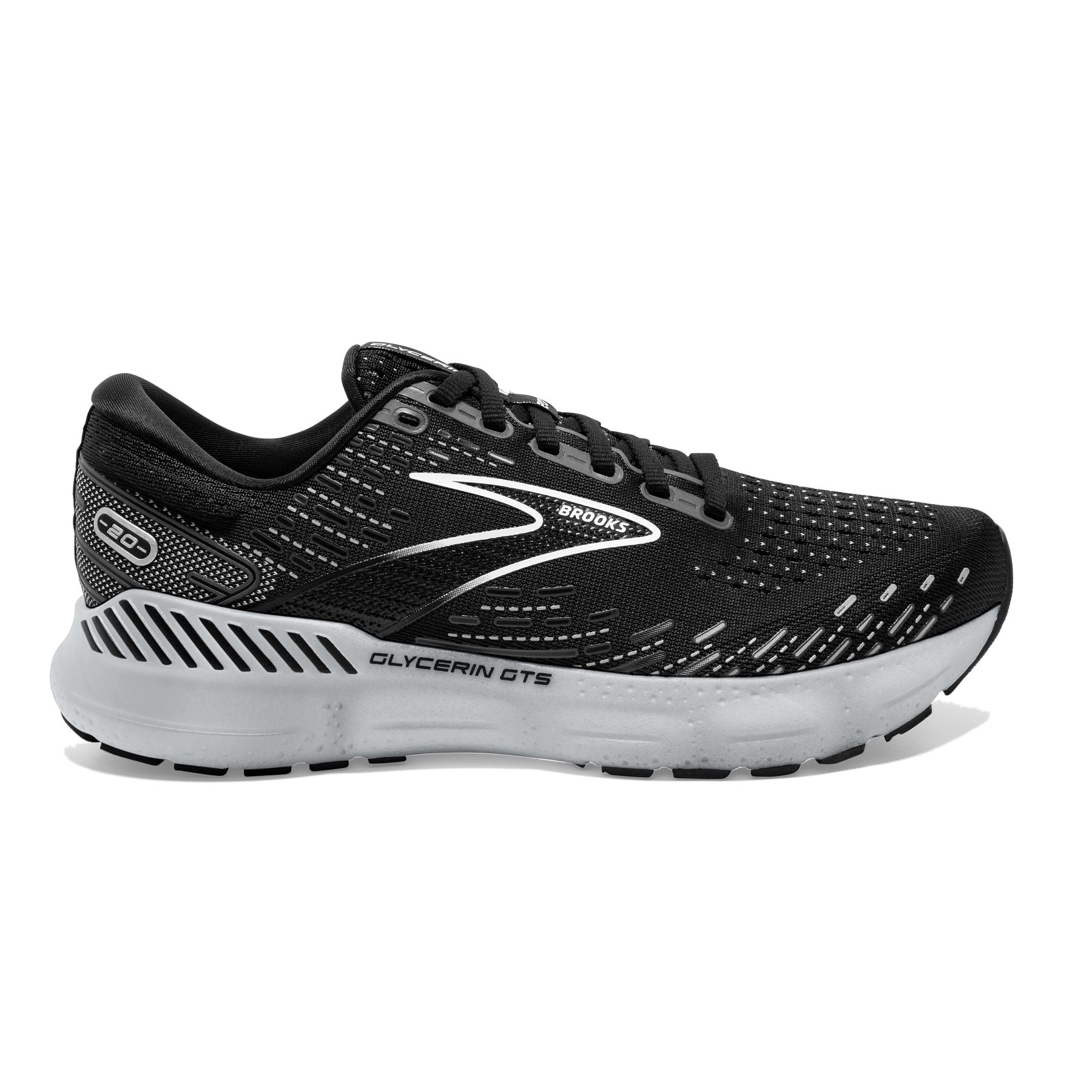 Lateral view of the Women's Glycerin GTS 20 in the wide D width, color Black/White/Alloy