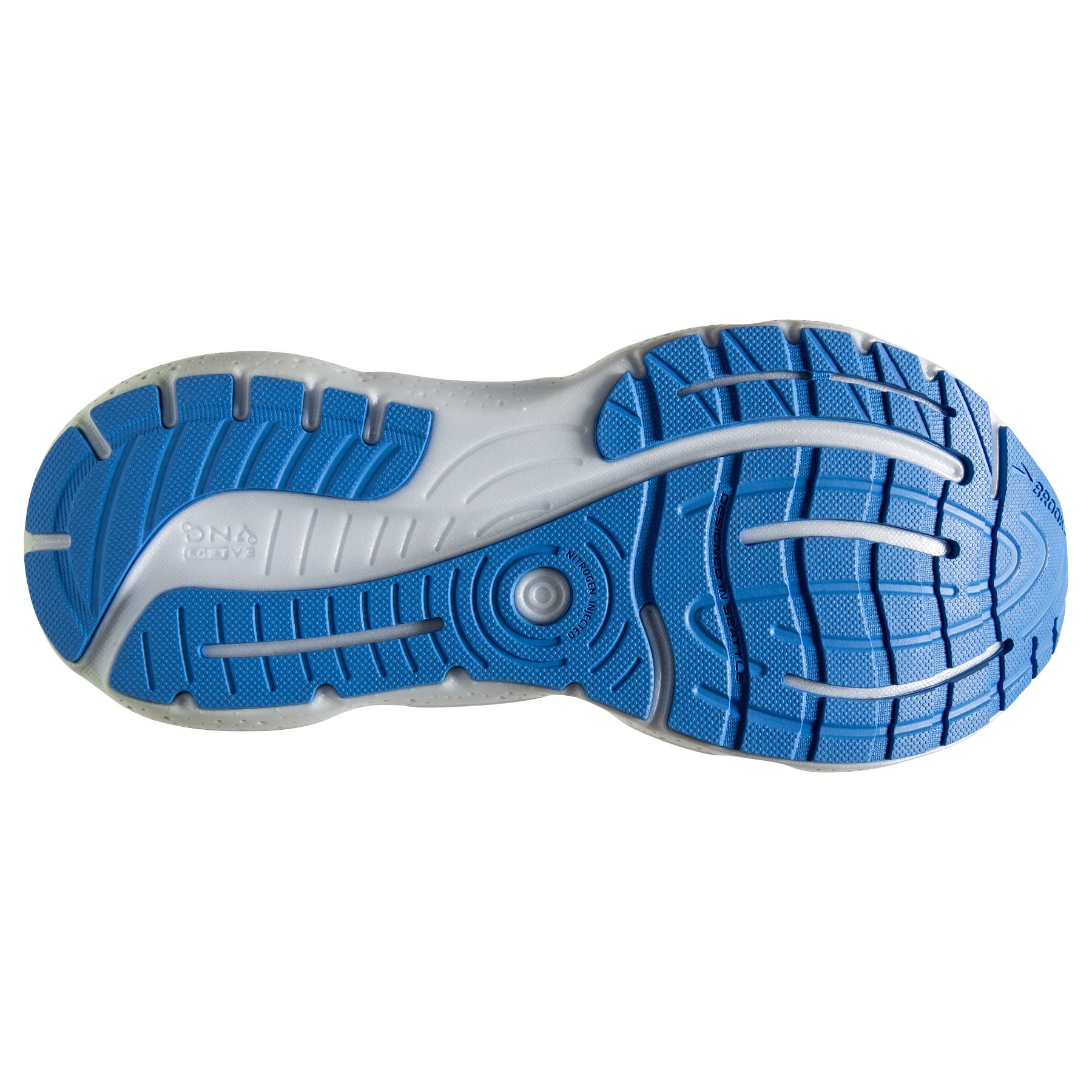 Bottom (outer sole) view of the Women's Glycerin GTS 20 in the color Blue Glass/Marina/Legion Blue