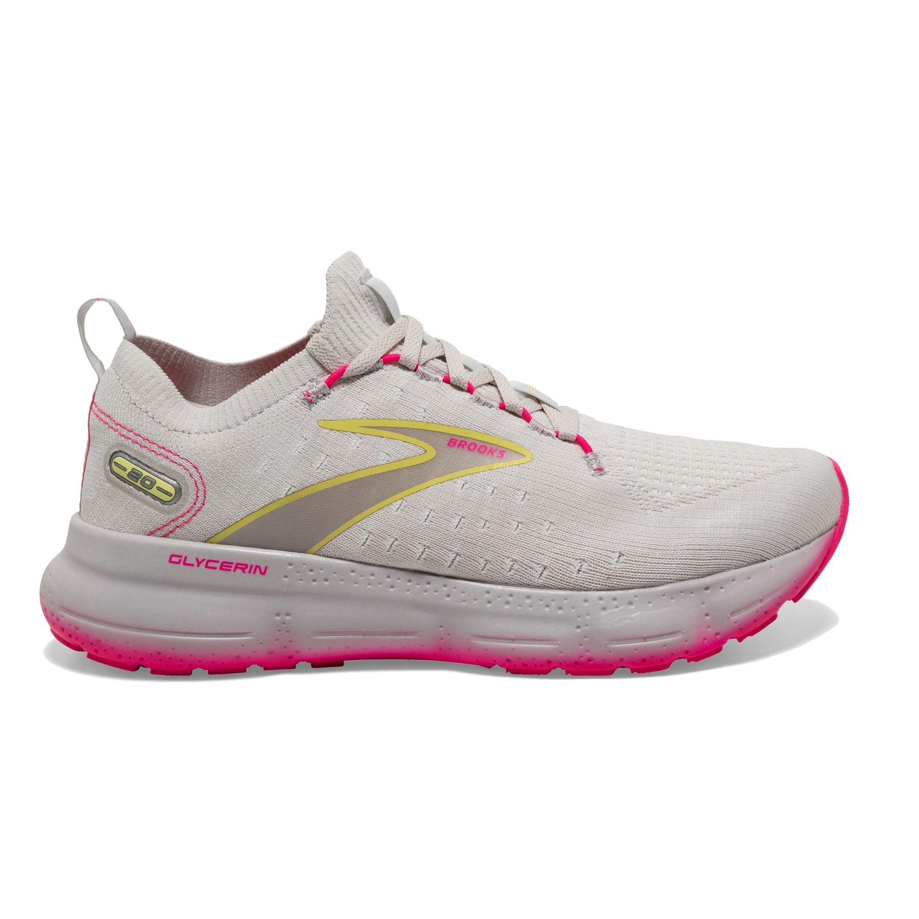 Lateral view of the Women's Glycerin Stealthfit 20 in the color Grey/Yellow/Pink