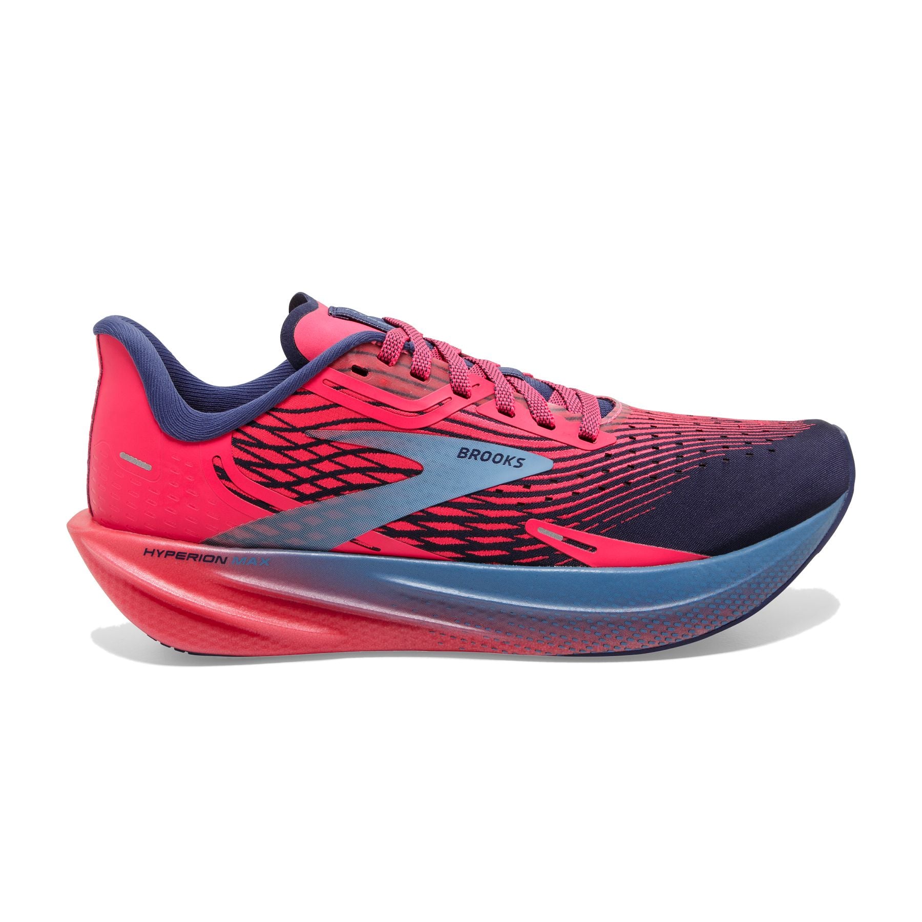 Lateral view of the Women's Hyperion Max by BROOKS in the color Pink/Cobalt/Blissful Blue