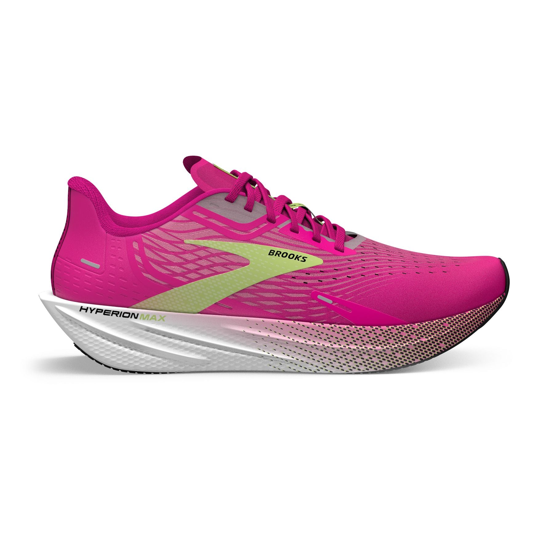Lateral view of the Women's Hyperion Max by Brook's in the color Pink Glo/Green/Black
