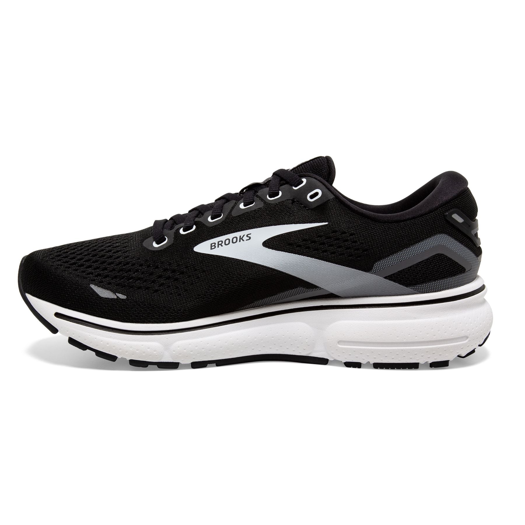 Medial view of the Women's Ghost 15 in the wide D width, color Black/BlackenedPearl/White