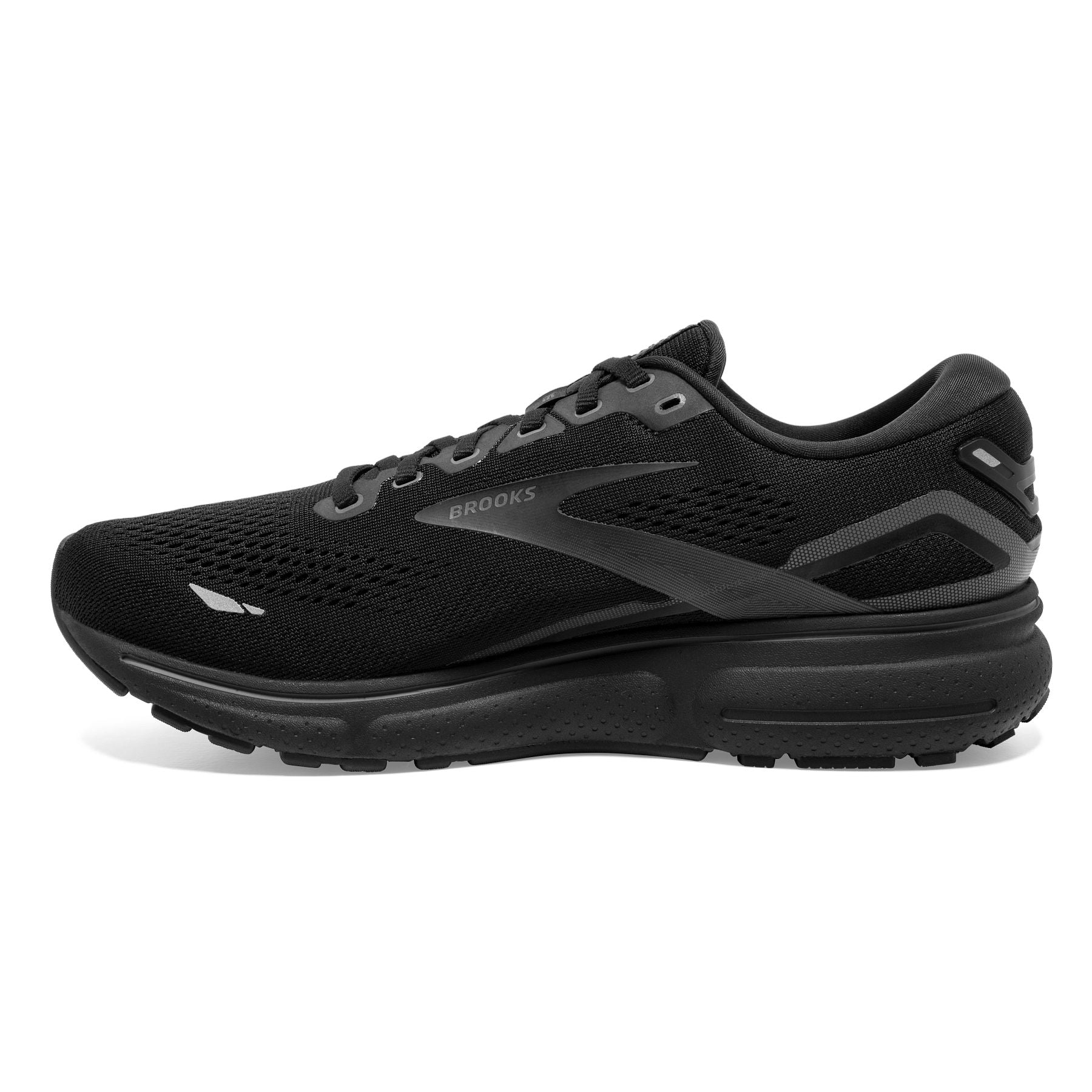 Medial view of the Women's Ghost 15 in the wide D width, color Black/Black/Ebony