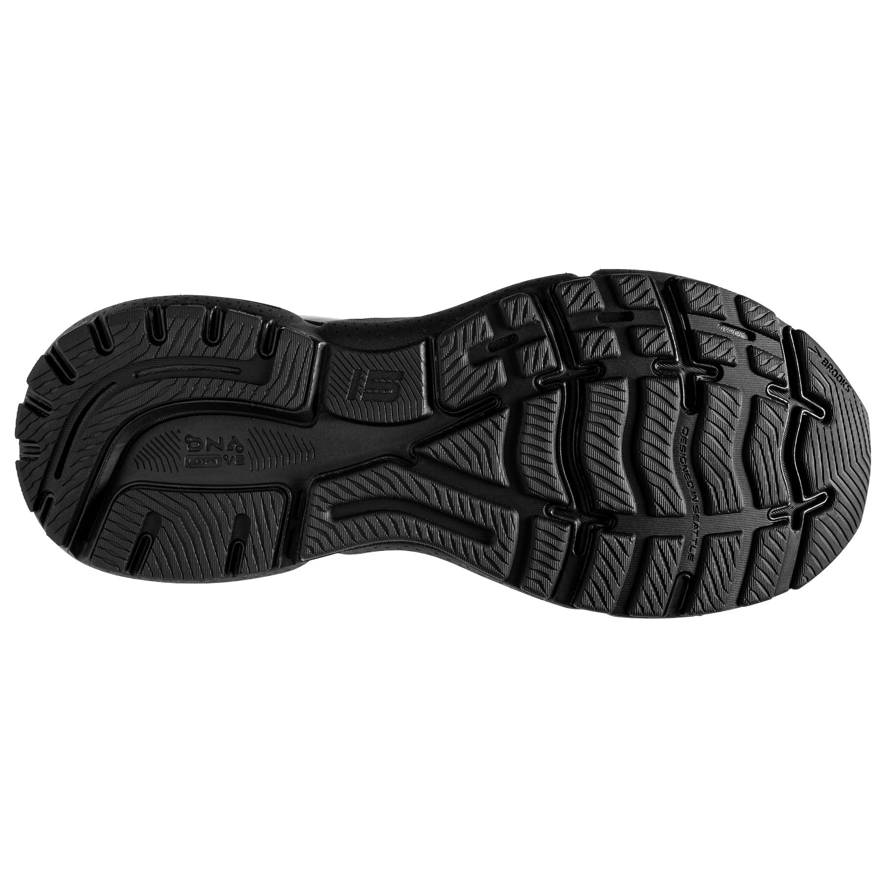 Bottom (outer sole) view of the Women's Ghost 15 in Black/Black/Ebony