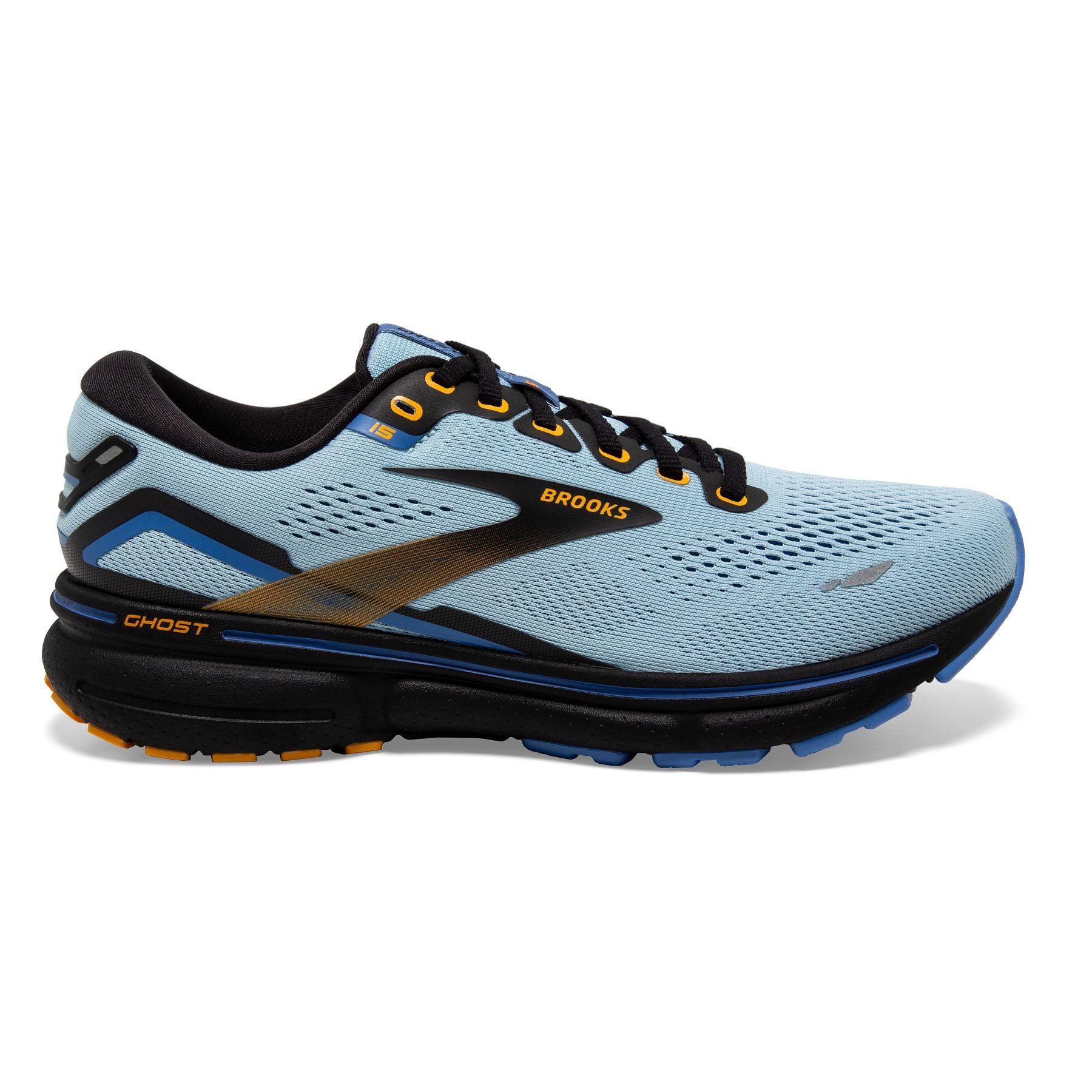 Lateral view of the Women's Ghost 15 in Light Blue/Black/Yellow