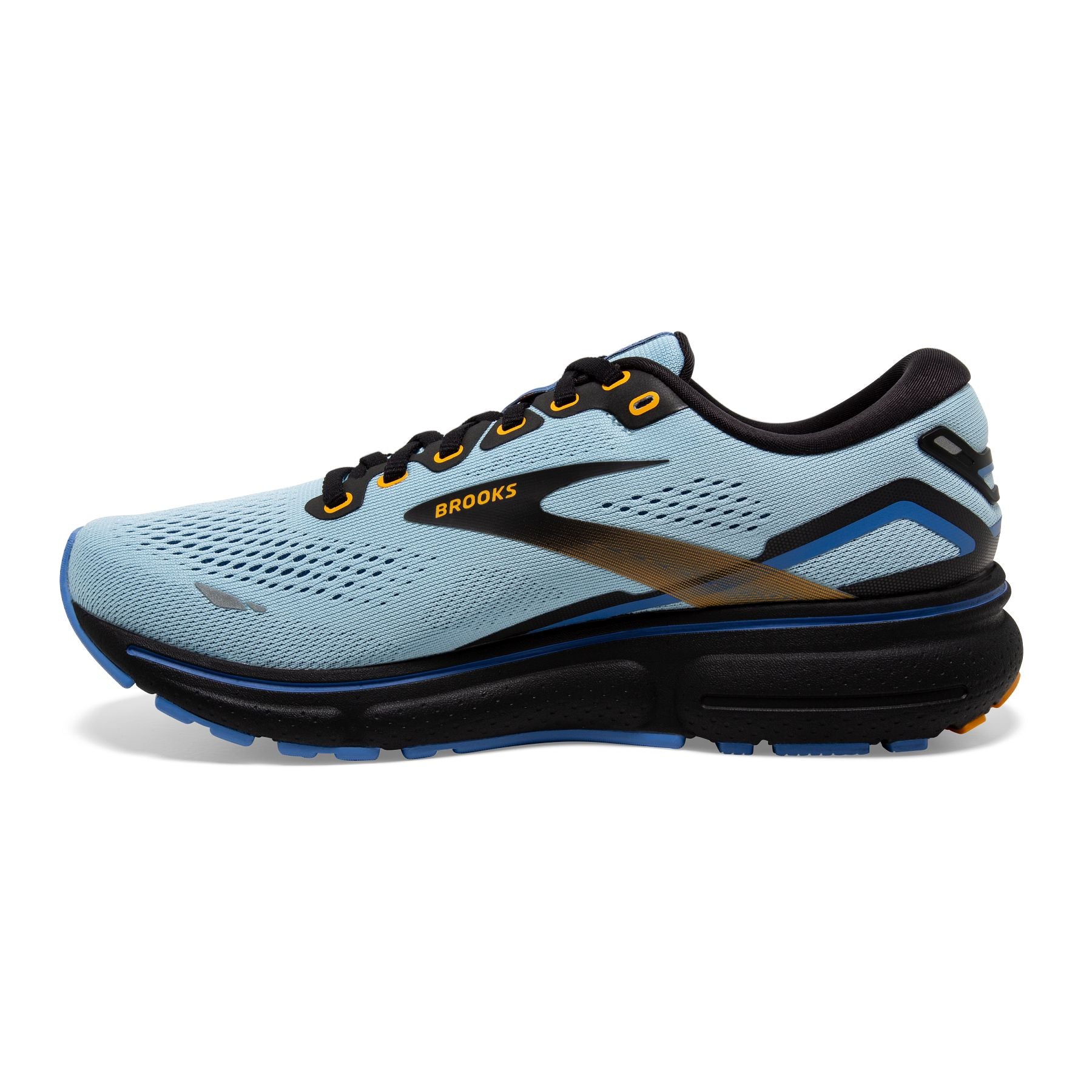 Medial view of the Women's Ghost 15 in Light Blue/Black/Yellow