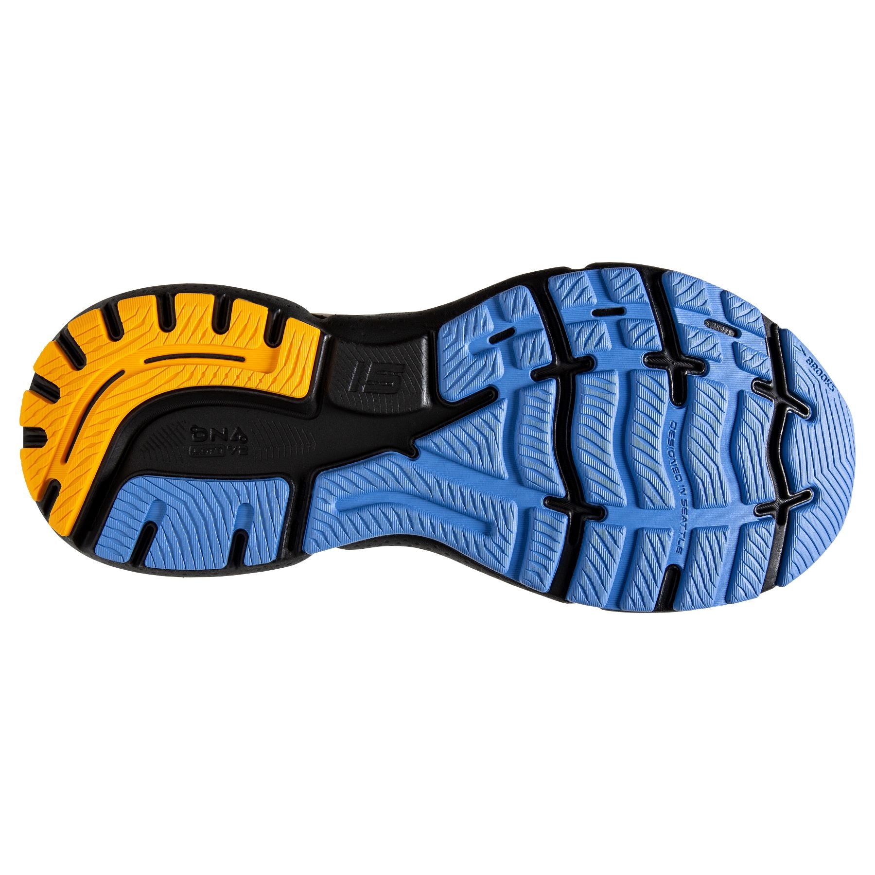 Bottom (outer sole) view of the Women's Ghost 15 in Light Blue/Black/Yellow