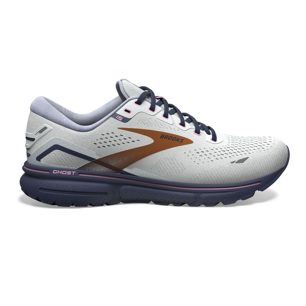 Lateral view of the Brooks Women's Ghost 15 in Spa Blue/NeoPink/Copper
