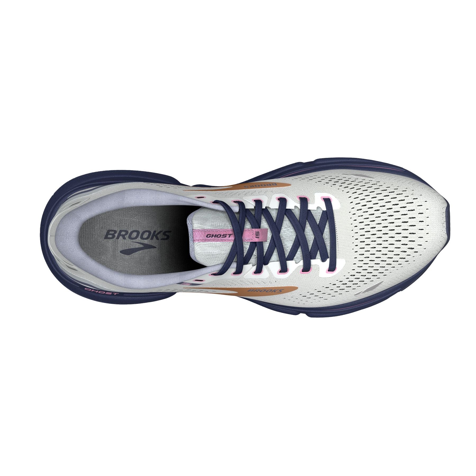 Top view of the Brooks Women's Ghost 15 in Spa Blue/NeoPink/Copper