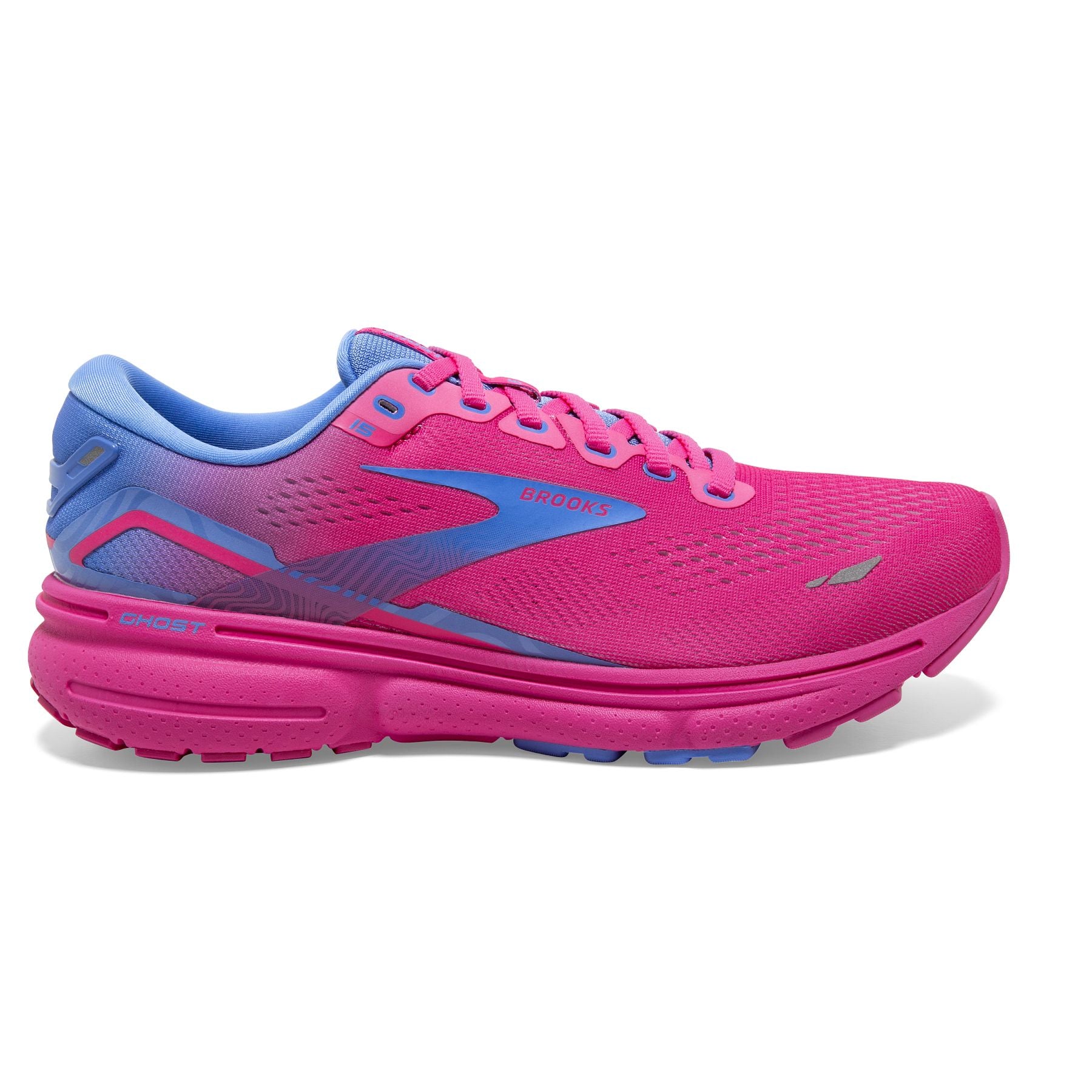 Lateral view of the Women's Ghost 15 by Brooks in the color Pink Glo/Blue/Fuchsia