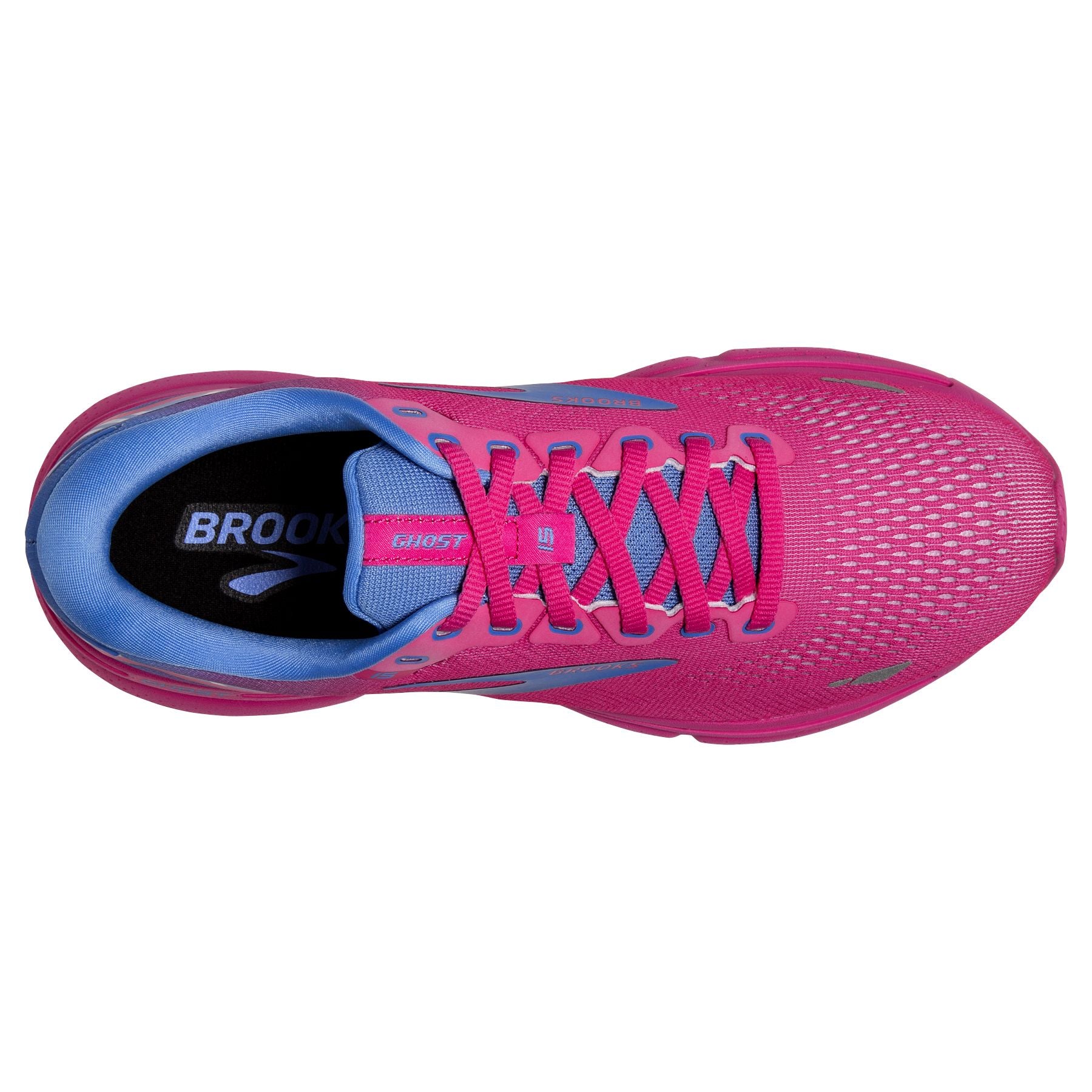 Top view of the Women's Ghost 15 by Brooks in the color Pink Glo/Blue/Fuchsia