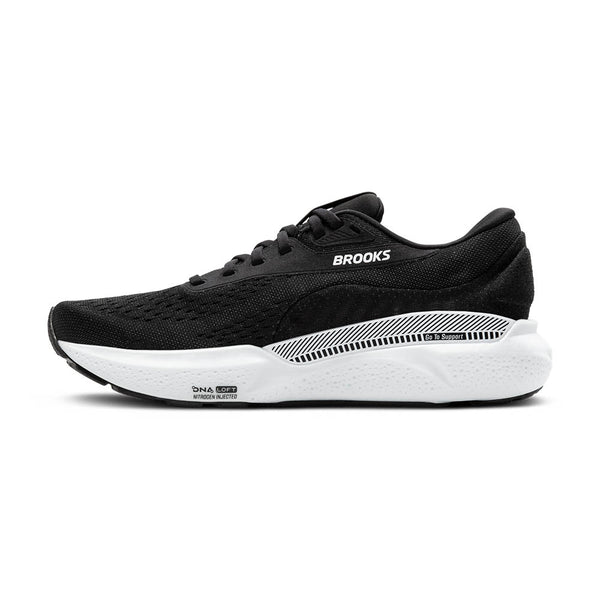 The GuideRail system used in this shoe is shown on the medial side with black and white stripes on the midsole. 