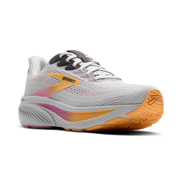 A pink and orange ombre line runs through the middle of the midsole on the lateral side. 