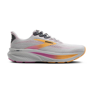 This Ghost 17 has a white upper and midsole with pink and orange accents. 