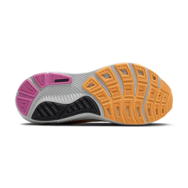 Orange rubber is used around the toe while pink and black rubber is used around the heel on the outsole. 