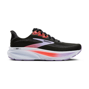 This Ghost 17 has a black upper and white midsole with pink and purple accents. 