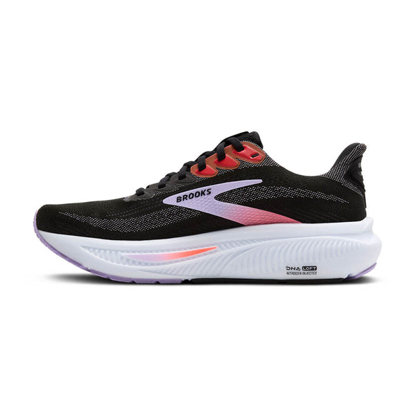 A purple and pink ombre Brooks logo is in the middle of the upper on both sides. 