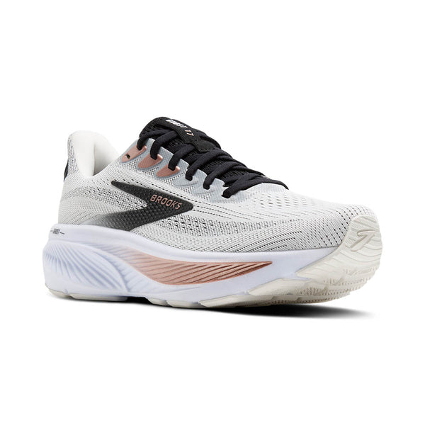 Mostly white Brooks running shoe with black laces and a black tongue.
