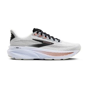 White running shoe with black and rose gold accents on a white background