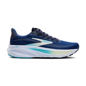 This Ghost 17 has a navy blue upper and white midsole with turquoise and yellow accents. 