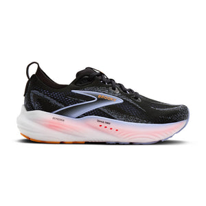 This Glycerin 22 has a black upper and a white midsole with purple and pink accents. 