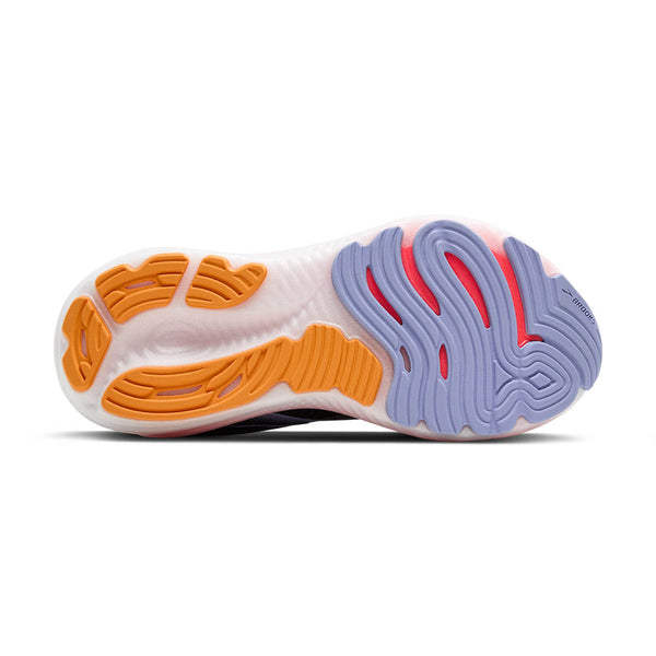 Purple rubber is used on the outsole around the toe while tan rubber is used around the heel. 