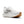 Women's white running shoe with brown sole on a white background.