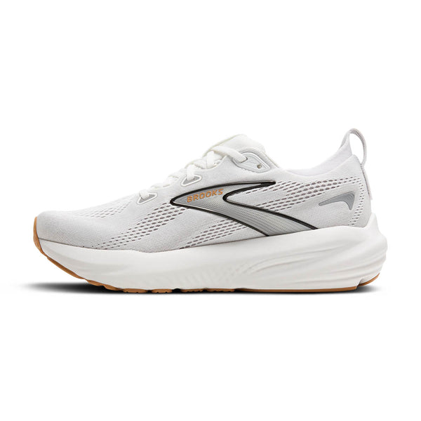 The medial side of a white running shoe with a visible brand logo on a white background.