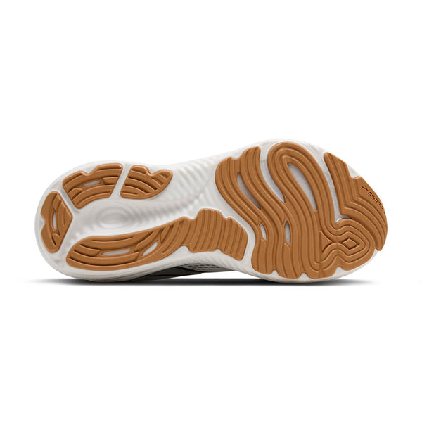 Close-up of a shoe sole with brown tread pattern on a white background.