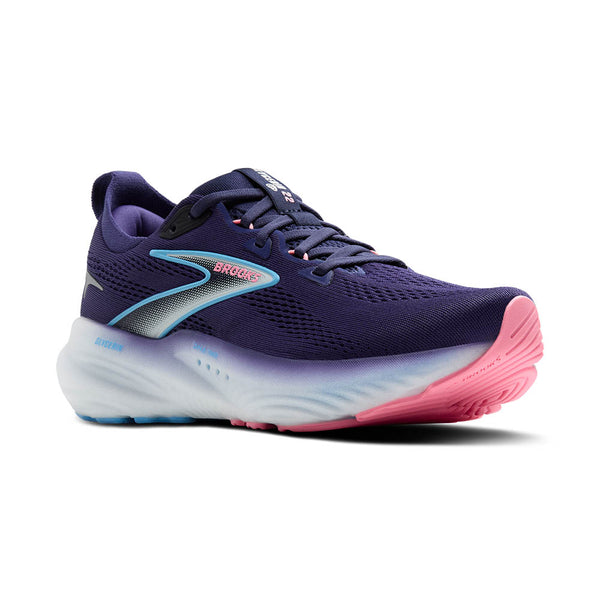 Navy running shoe with pink sole on a white background.