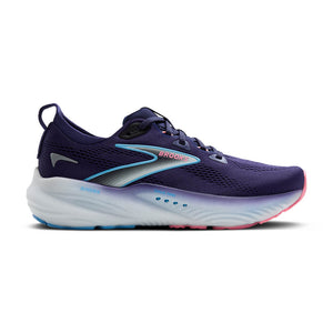 Purple running shoe with blue and pink accents on a white background.