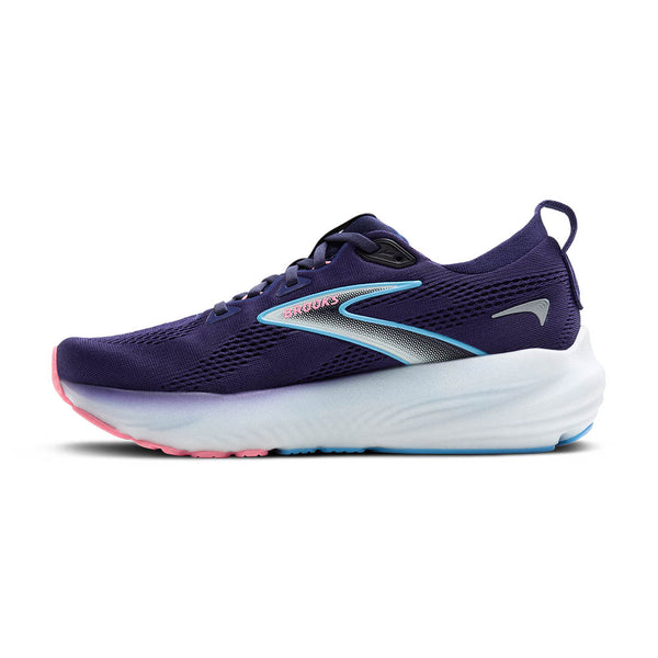 Purple running shoe with white sole on a white background.