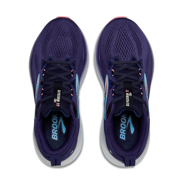 Pair of purple running shoes with 'Brook' branding on a white background.