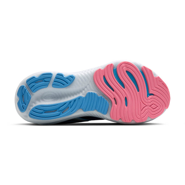 Close-up of a shoe sole with pink and blue design on a white background.
