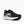 Black running shoe with white sole on a white background