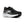 Black running shoe with white sole on a white background