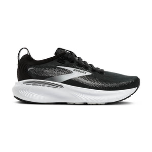 Black running shoe with white sole on a white background