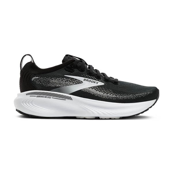 Black running shoe with white sole on a white background