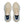 Pair of beige running shoes with blue accents on a white background