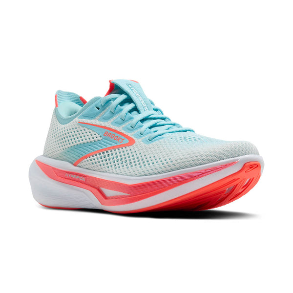 This Brooks Hyperion 3 has a part coral midsole and a coral colored outsole.