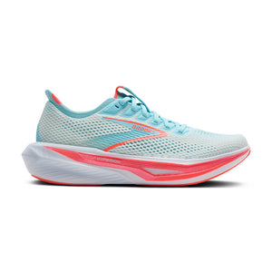 Light blue and pink women's brooks running shoe on a white background