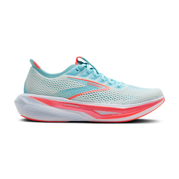 Light blue and pink women's brooks running shoe on a white background
