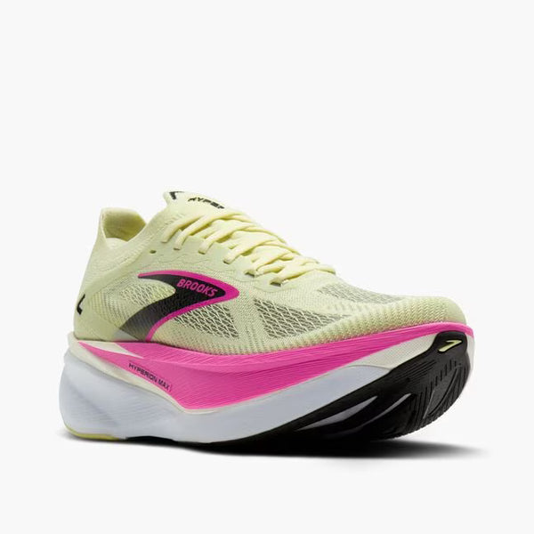Light yellow and pink running shoe with 'Brooks' branding on a white background