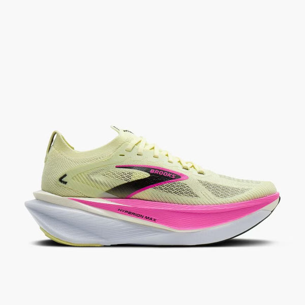 Light yellow and pink running shoe with 'Brooks' branding on a white background