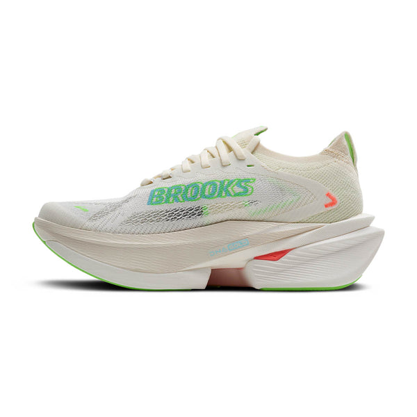 Brooks is spelled out in the middle of the upper on the medial side in green and blue lettering. 
