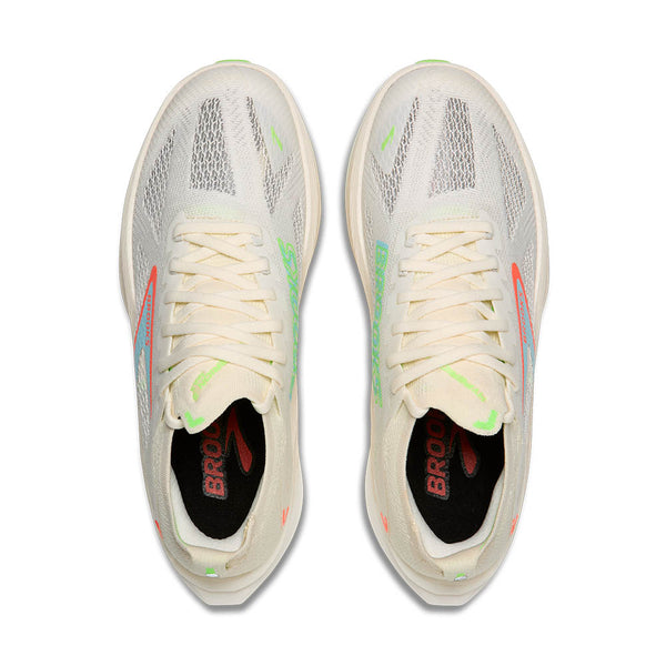 A birds-eye view of this shoe shows geometric cutouts with a mesh overlay in the upper around the toe. 