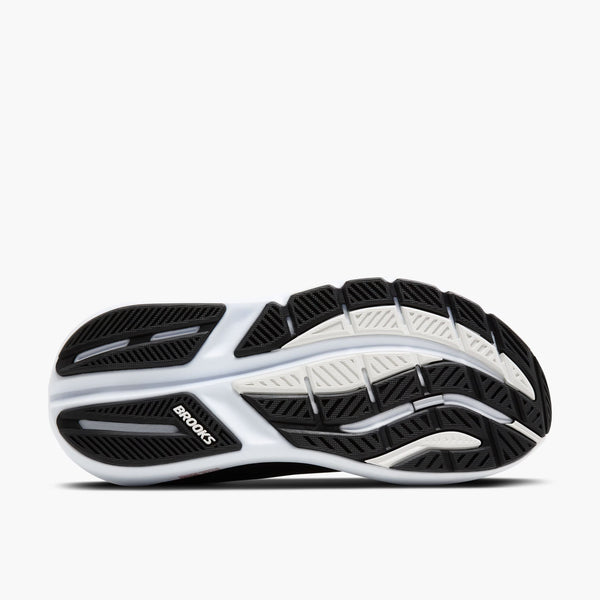 Black and white running shoe with 'Brooks' branding on a white background
