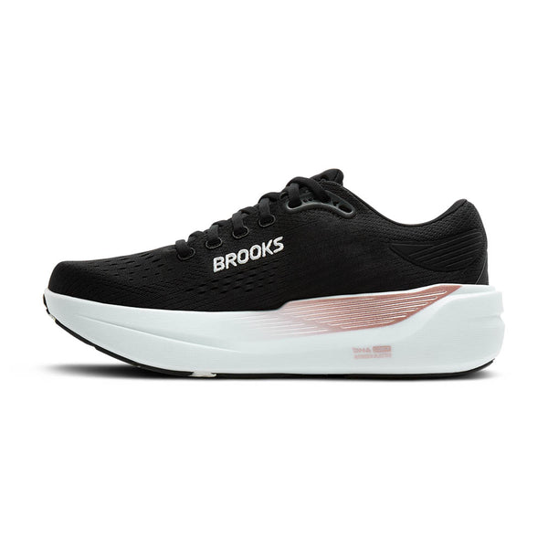 Black running shoe with white sole on a white background.
