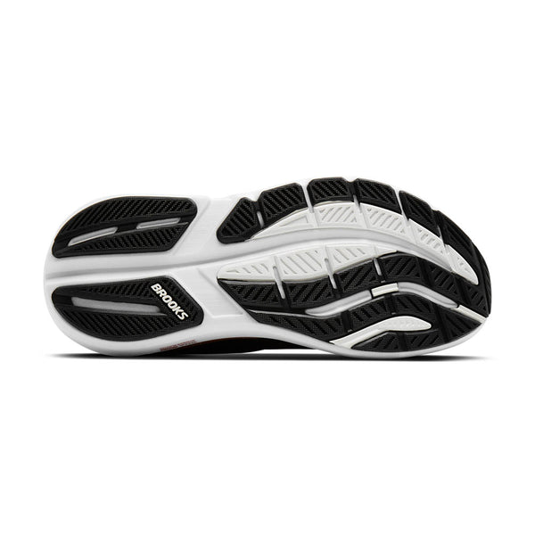 Black and white running shoe with 'Brooks' branding on a white background.