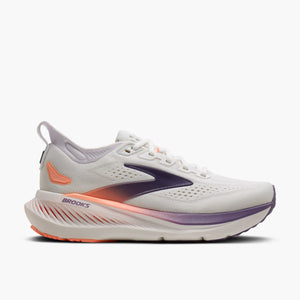 The lateral side of a GLycerin 23 for women that is mostly white with some orange and purple pops.